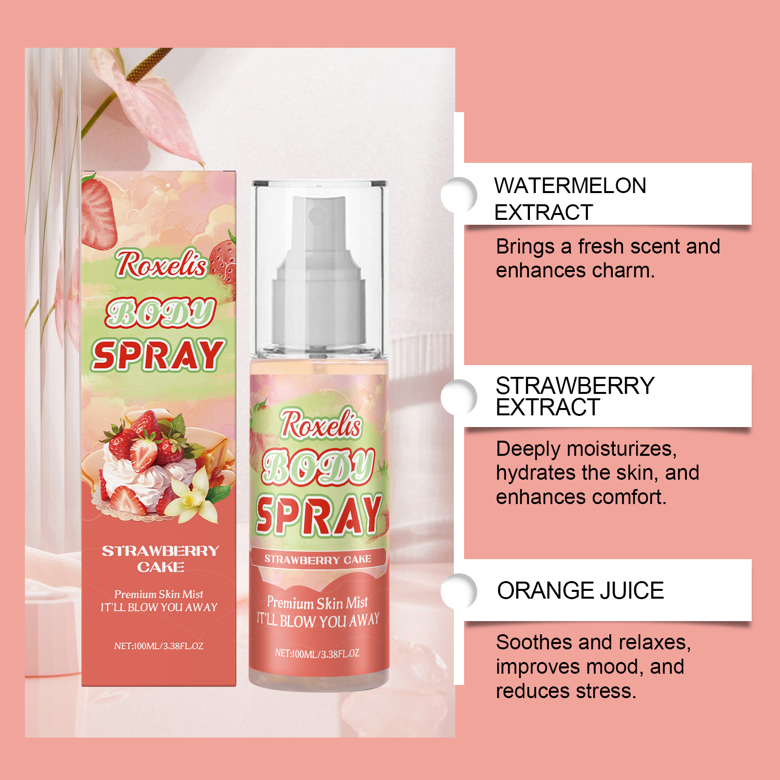 Roxelis Strawberry Cake Body M - Perfume Fragrance Mist ulasan dan harga